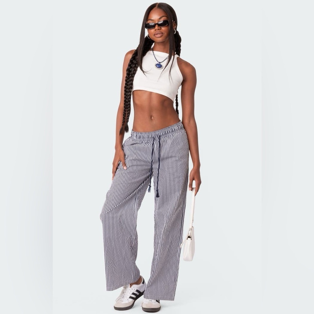 Edikted Seaside Stripe Wide Leg
Drawstring Pants in Navy Mix